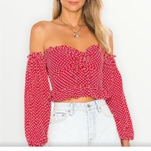 Lovers + Friends Red Off-the-Shoulder Sweetheart Puff Sleeve Crop Top